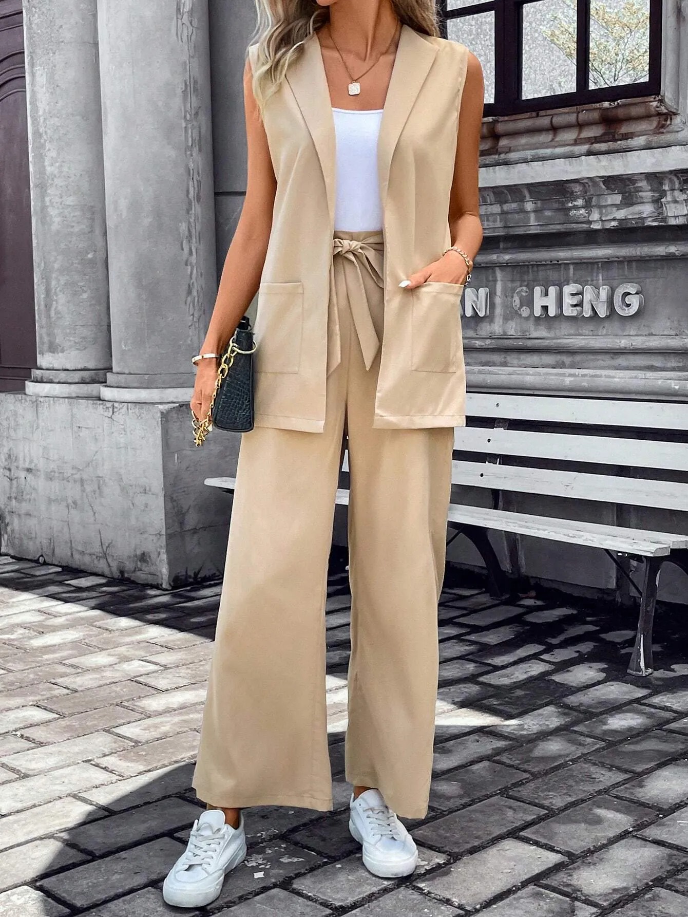 SHEIN Frenchy Solid Lapel Neck Vest Blazer & Tie Front Pants Earthy Clothes