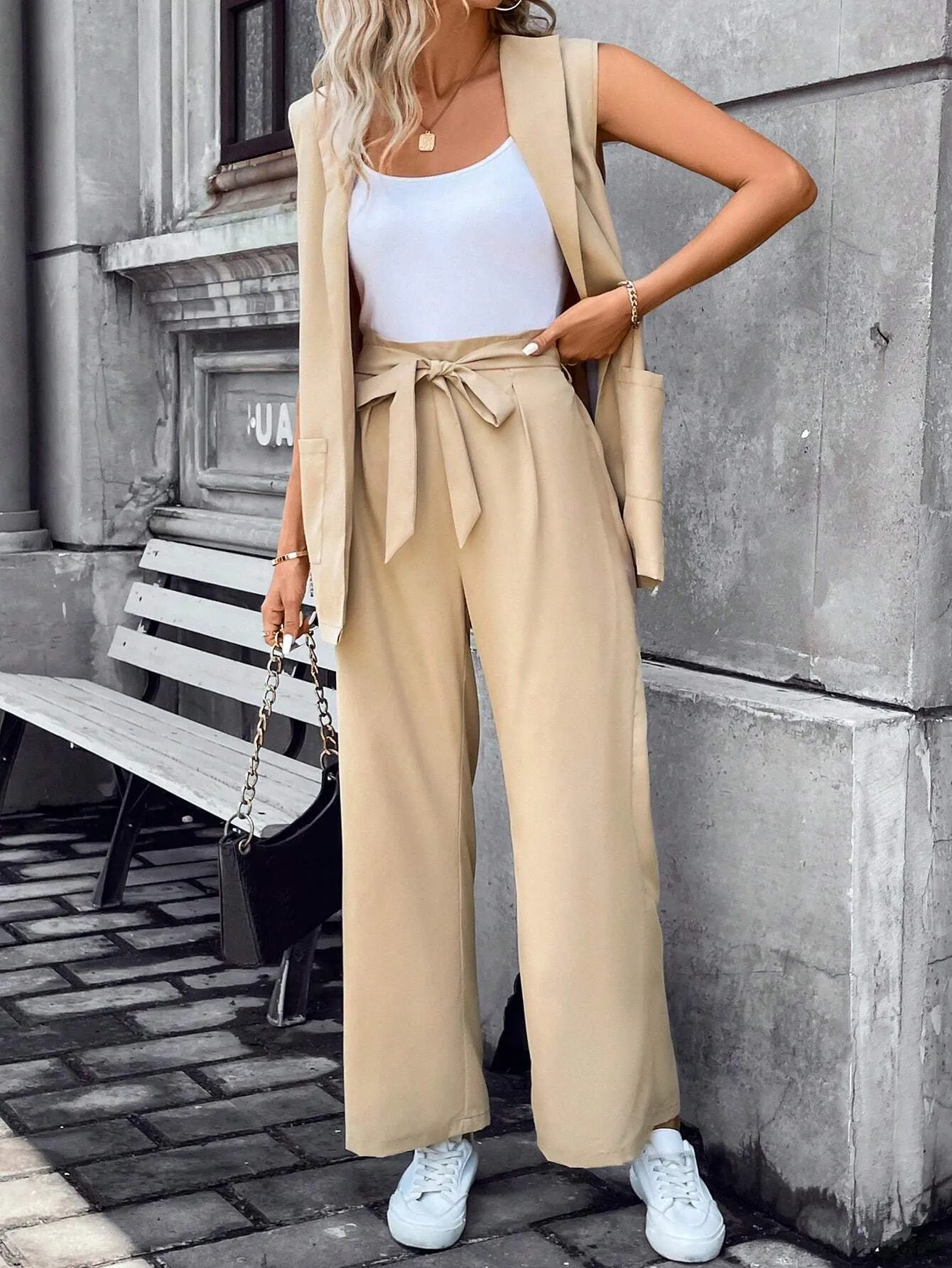 SHEIN Frenchy Solid Lapel Neck Vest Blazer & Tie Front Pants Earthy Clothes