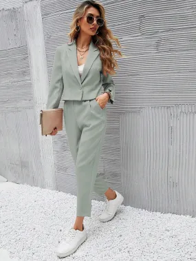 SHEIN Frenchy Solid Single Button Crop Blazer And Slant Pocket Tailored Pants