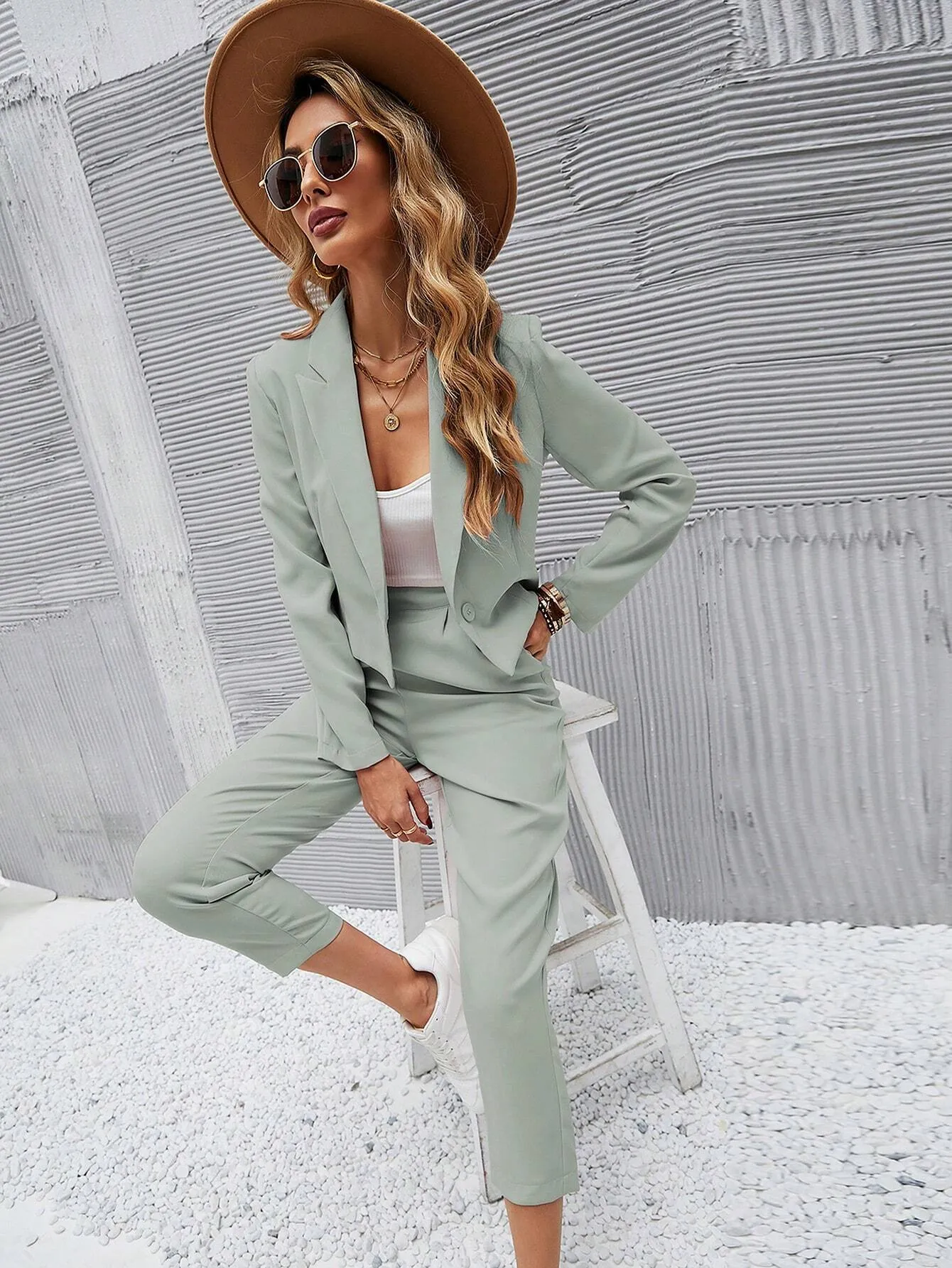 SHEIN Frenchy Solid Single Button Crop Blazer And Slant Pocket Tailored Pants