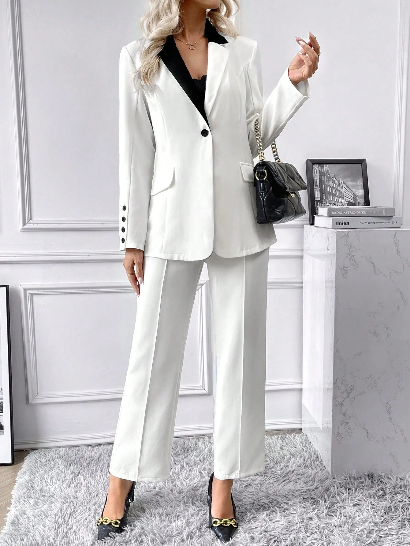 SHEIN Priv̩ Contrast Collar Flap Detail Blazer & Suit Pants