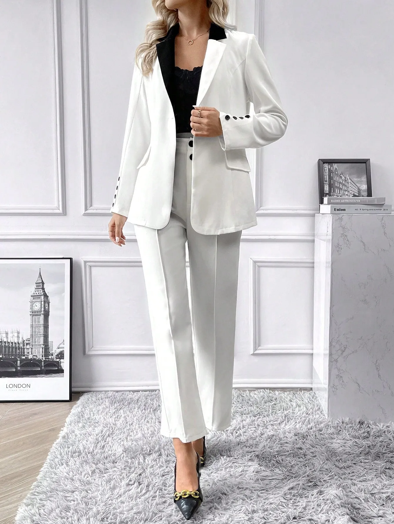 SHEIN Priv̩ Contrast Collar Flap Detail Blazer & Suit Pants