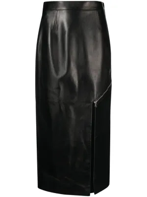 side-slit leather midi skirt