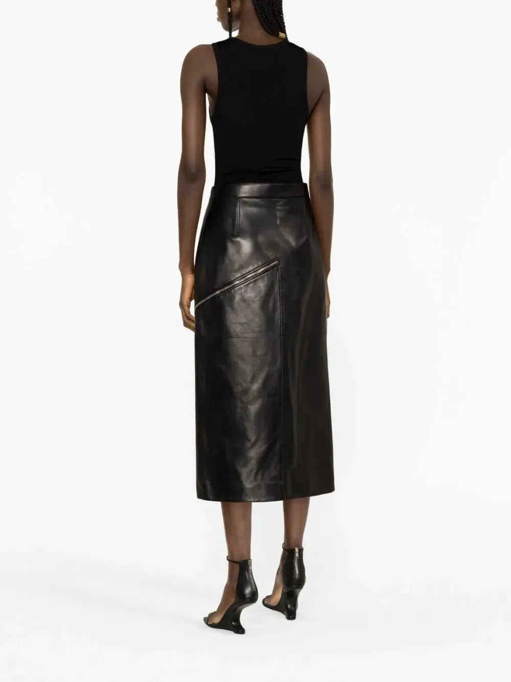 side-slit leather midi skirt