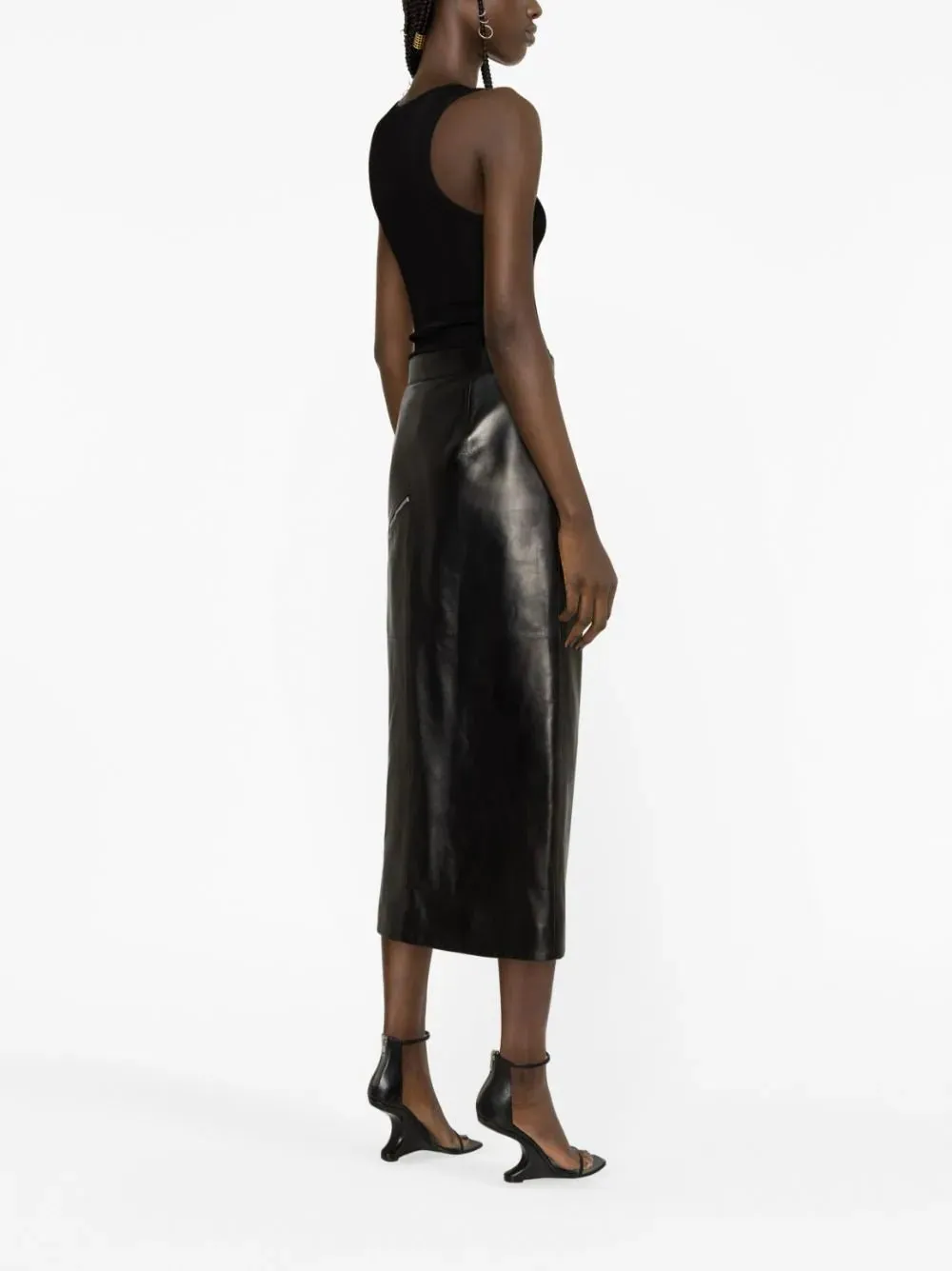 side-slit leather midi skirt