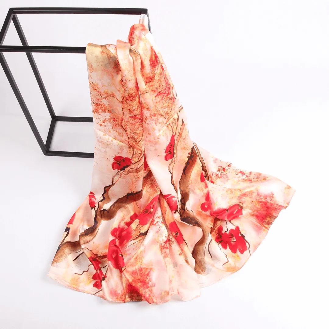 Silk Scarf Collections|Blossom Range|Cherry Blossom Design|Red|Long Silk Scarf