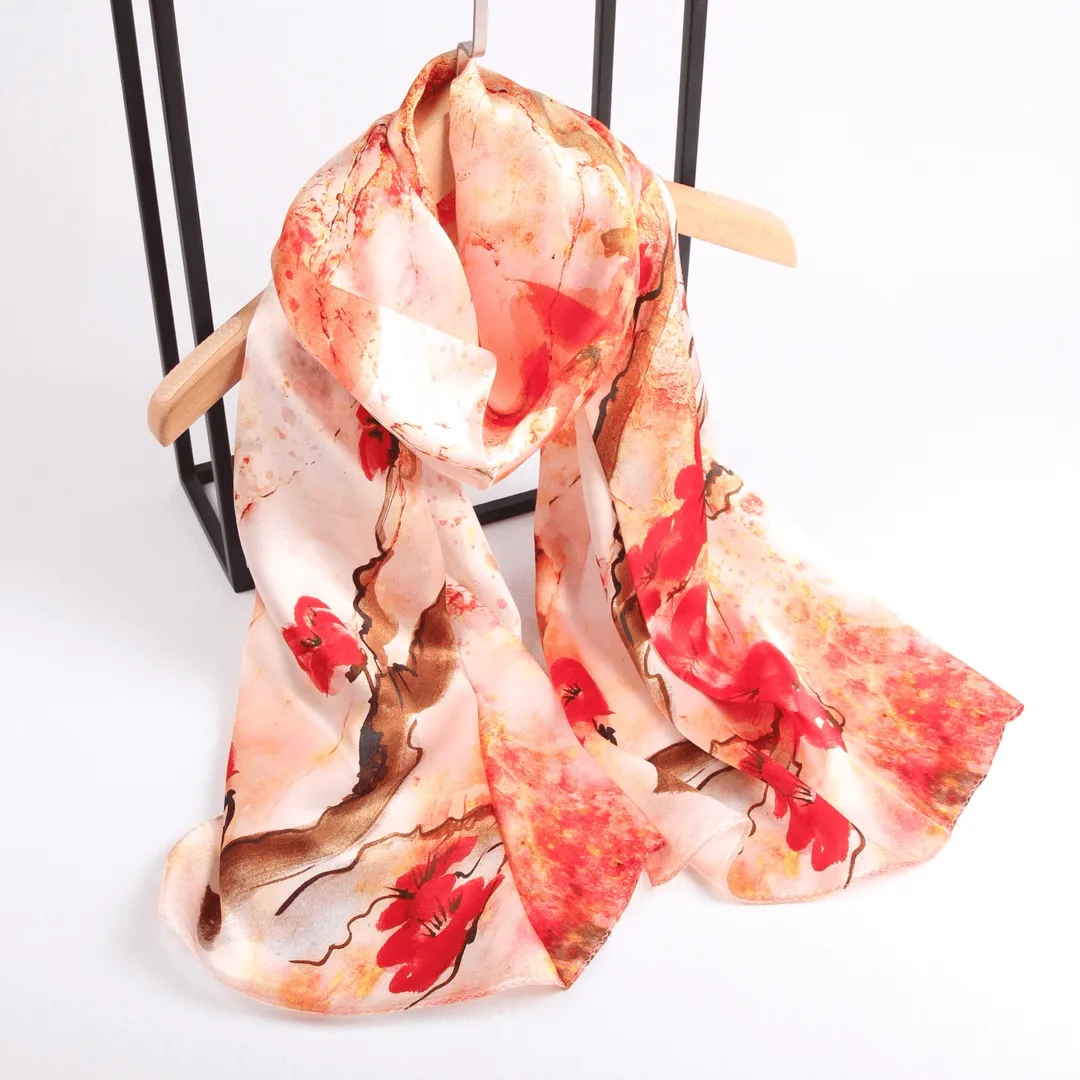 Silk Scarf Collections|Blossom Range|Cherry Blossom Design|Red|Long Silk Scarf