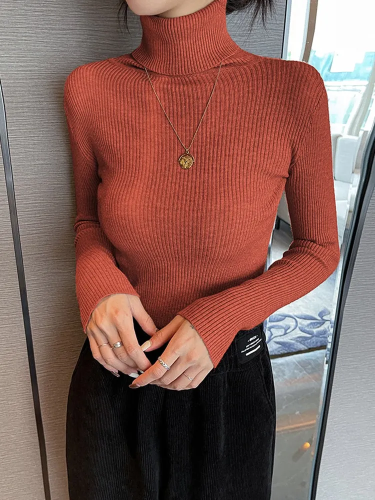 Simple Women Turtleneck Sweater Winter Fashion Pullover Elastic Knit Ladies Jumper Casual Solid Black Female Basic Tops