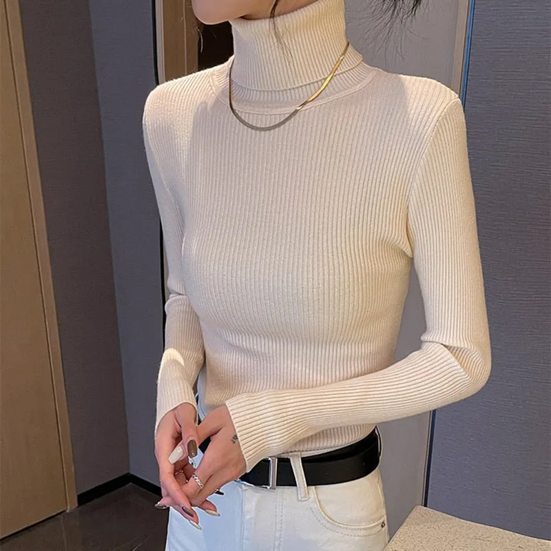 Simple Women Turtleneck Sweater Winter Fashion Pullover Elastic Knit Ladies Jumper Casual Solid Black Female Basic Tops