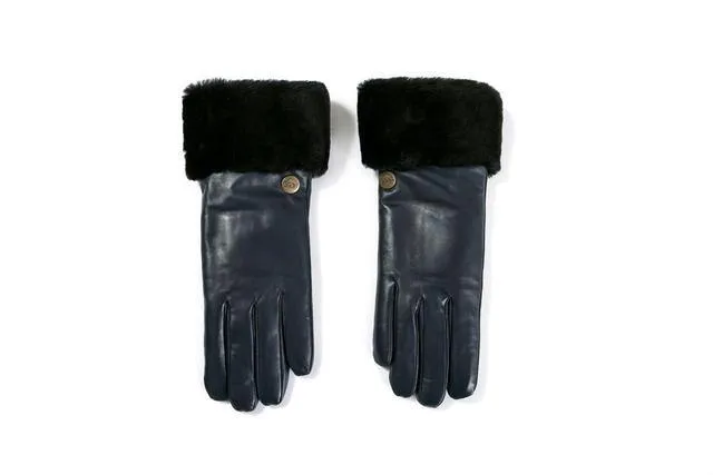 SL111 - LEATHTER UPPER Genuine Shearling Sheepskin GLOVE(NAPPA NAVY)