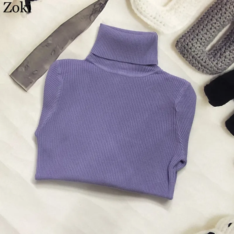 Soft Women Turtleneck Sweater Autumn Long Sleeve Elastic Female Knitted Jumper Casual Pullover Slim Winter Basic Tops