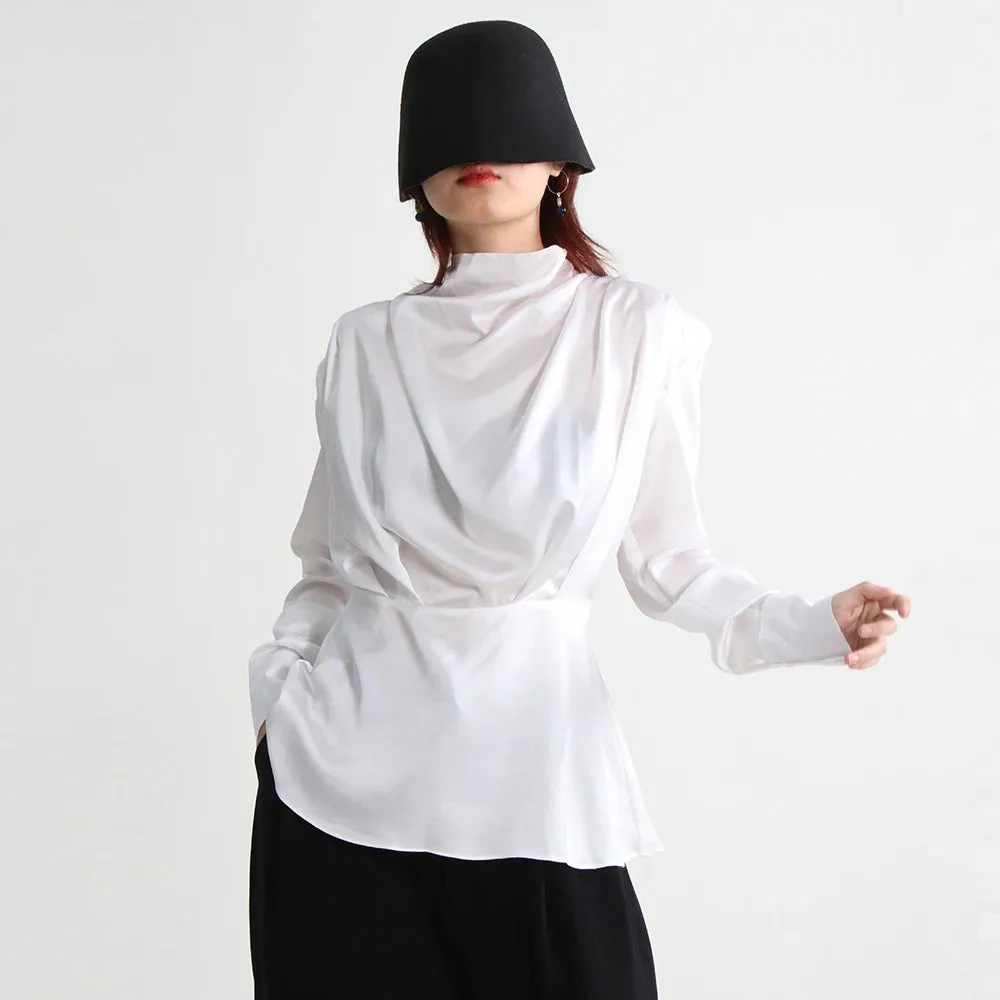 Solid Folds Shirts For Women Turtleneck Long Sleeve Casual Pullover Blouse Female Summer Clothing Fashion Style