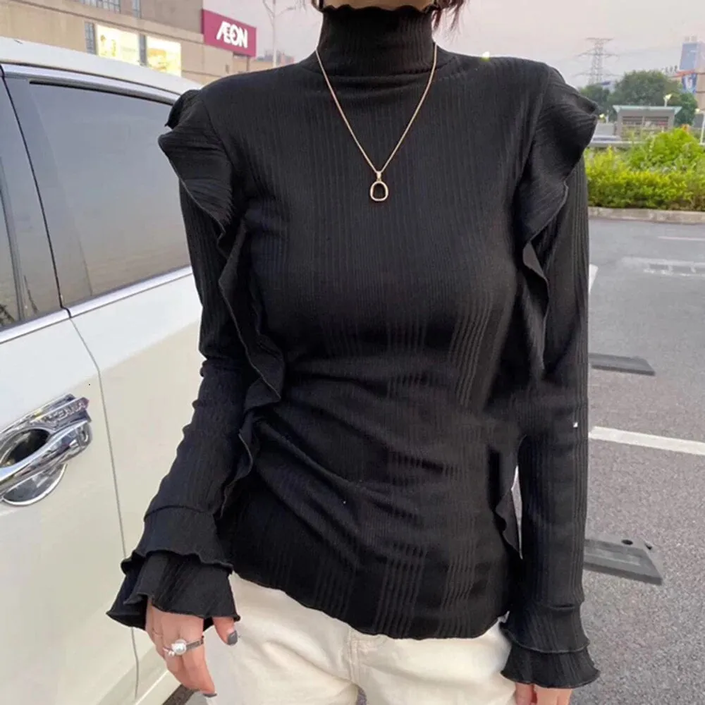 Solid Slimming Knitting Sweaters For Women Turtleneck Flare Sleeve Pullover Minimalist Sweater Female Fashion