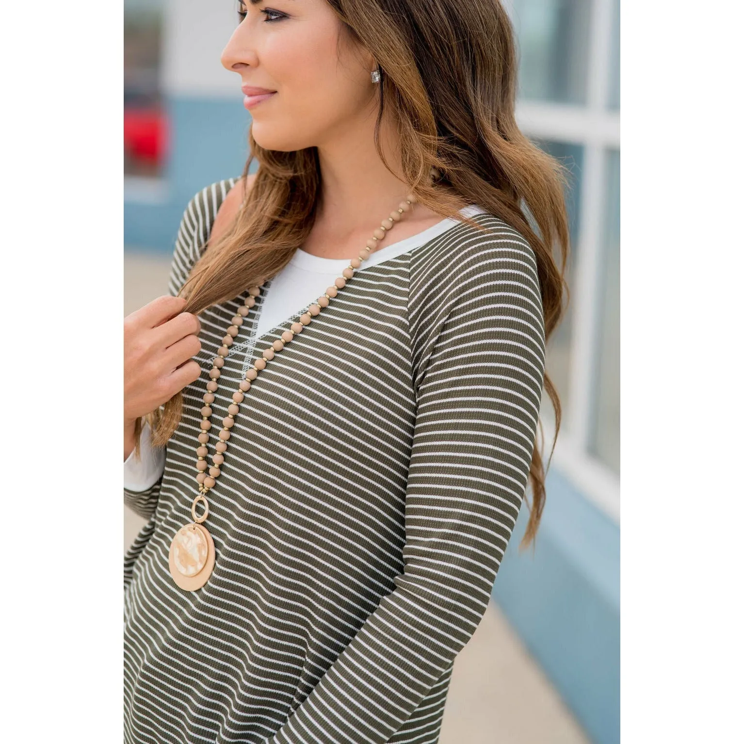 Solid Trim V Striped Long Sleeve Tee