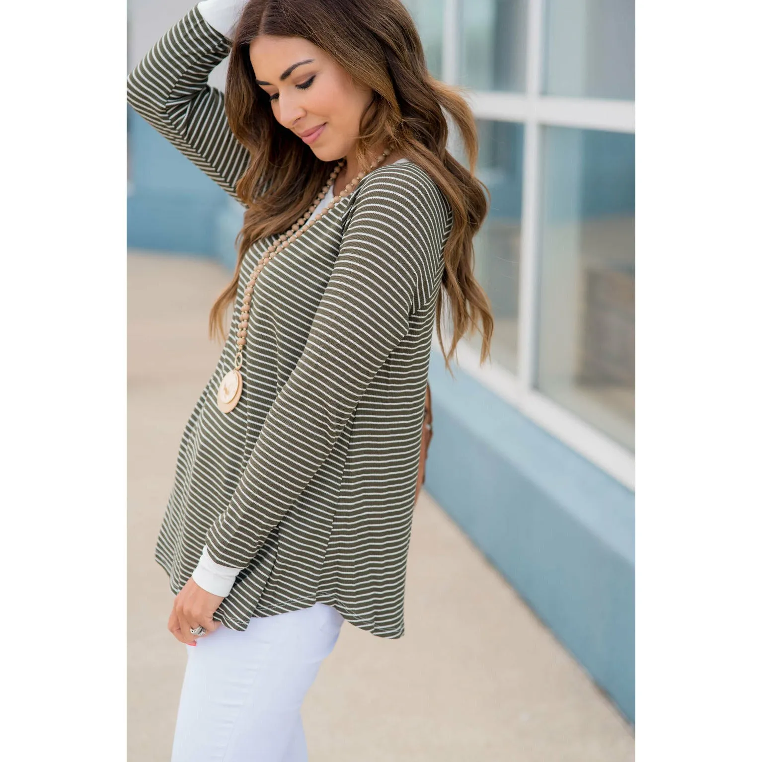 Solid Trim V Striped Long Sleeve Tee