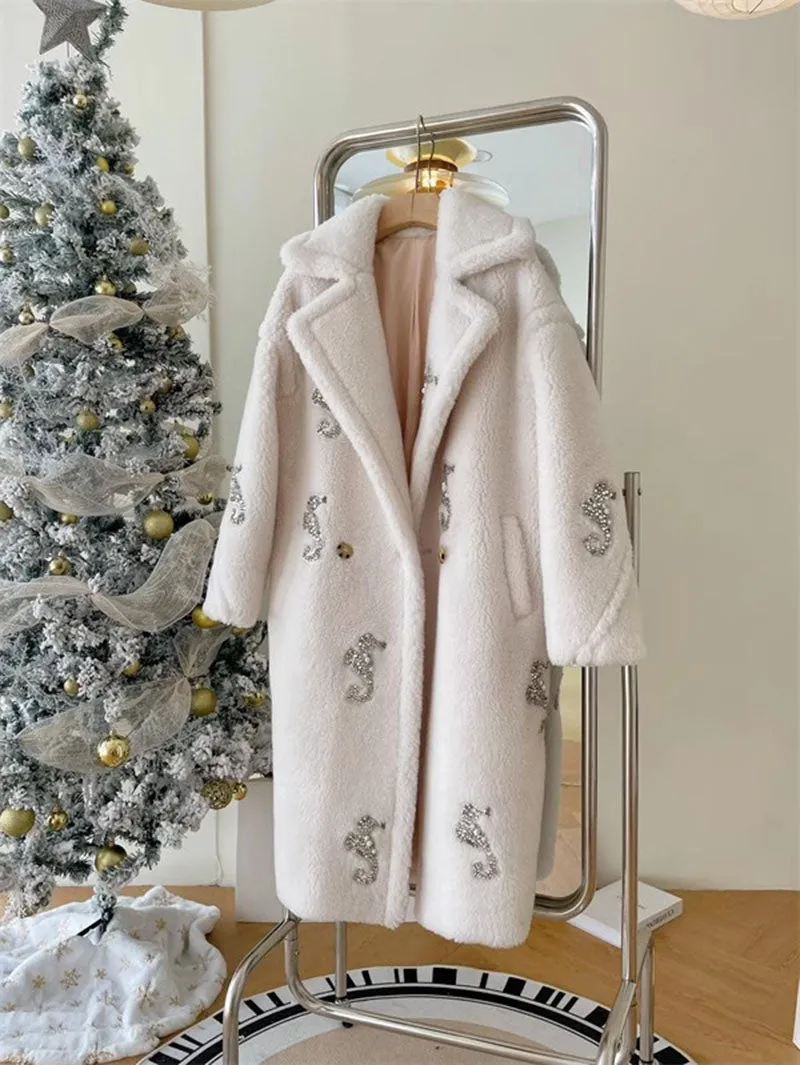 Sparkling Crystals Embroidered Seahorse Long Winter Fur Maxi Teddy Bear Coat