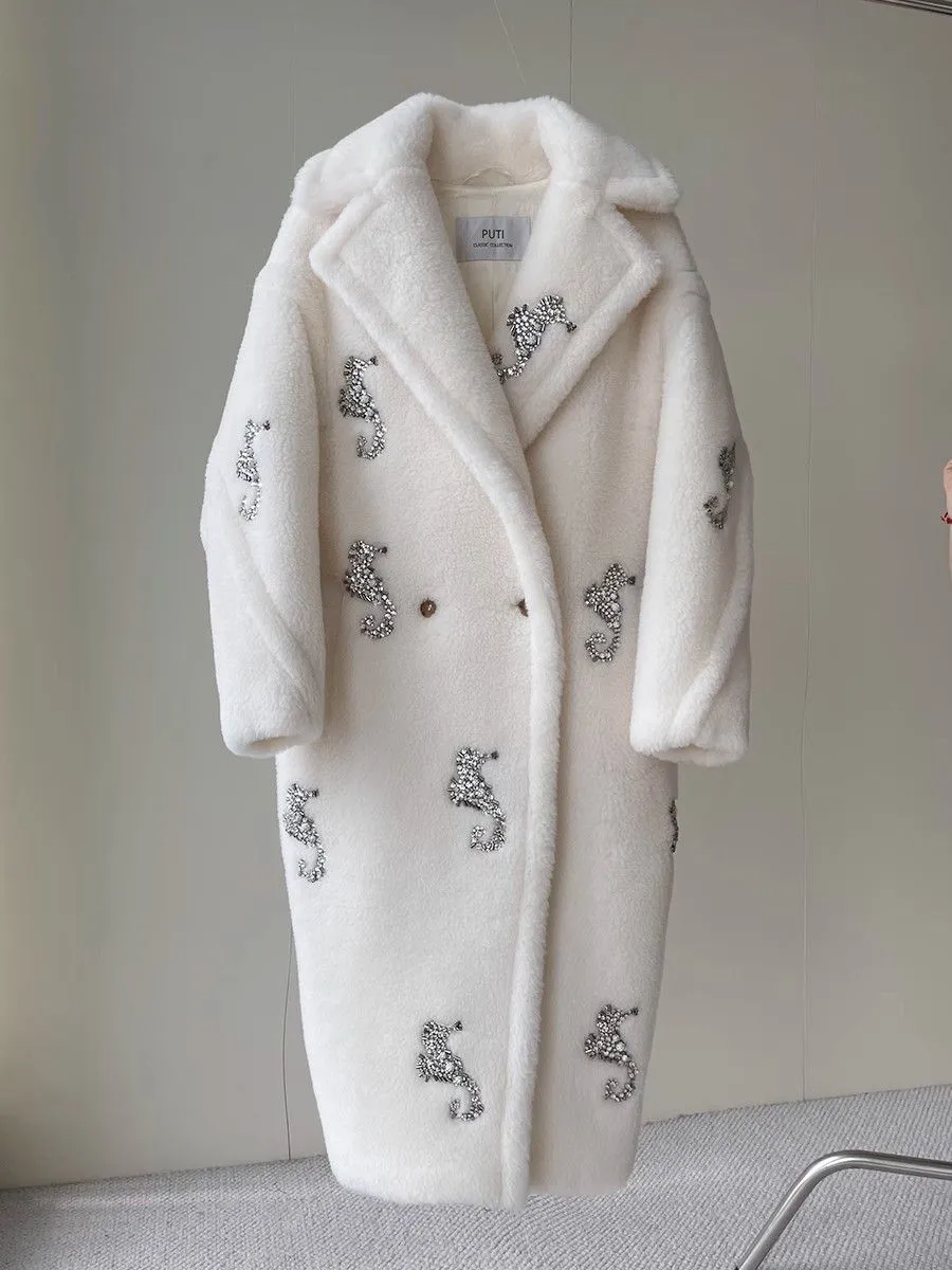 Sparkling Crystals Embroidered Seahorse Long Winter Fur Maxi Teddy Bear Coat