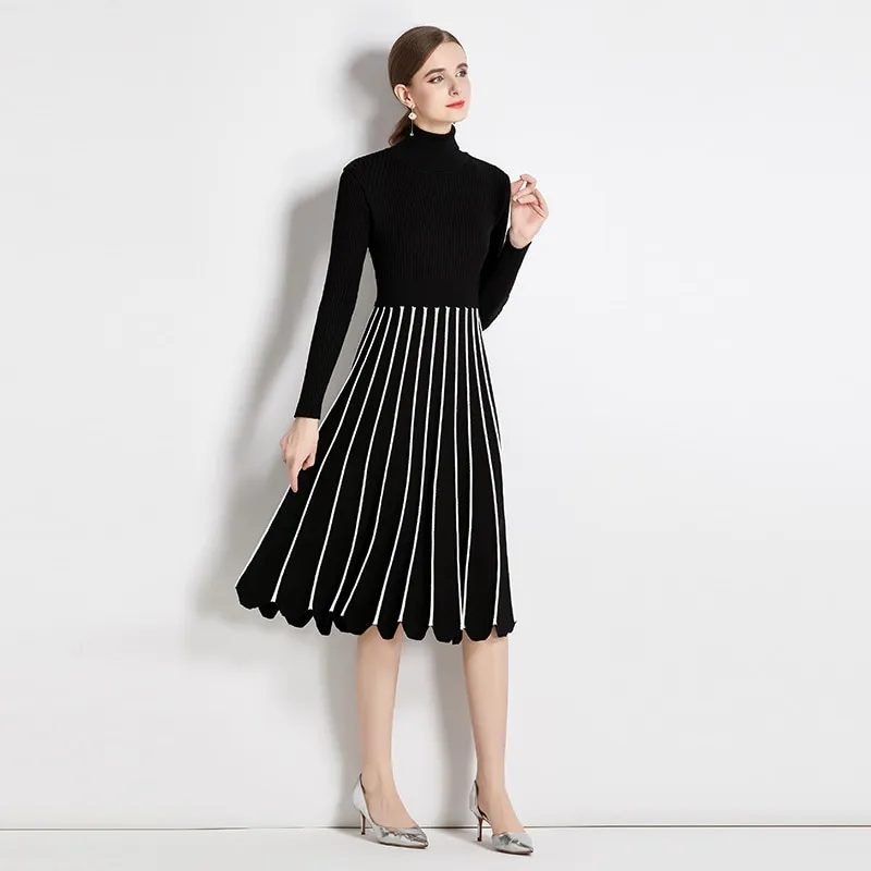 Stripe Print Turtleneck Knit Midi Dress