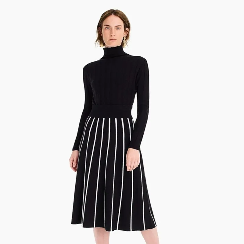 Stripe Print Turtleneck Knit Midi Dress