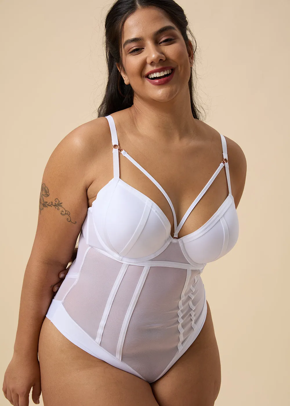 TINA Plus Sexy Push-Up Mesh White Bodysuit