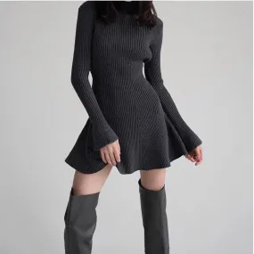 Toleet-Elegant Vintage French Knit Dress Long Sleeve Ruffle Turtleneck Mini Dress Women Autumn Vestidos Fashion Off Lady Streetwear