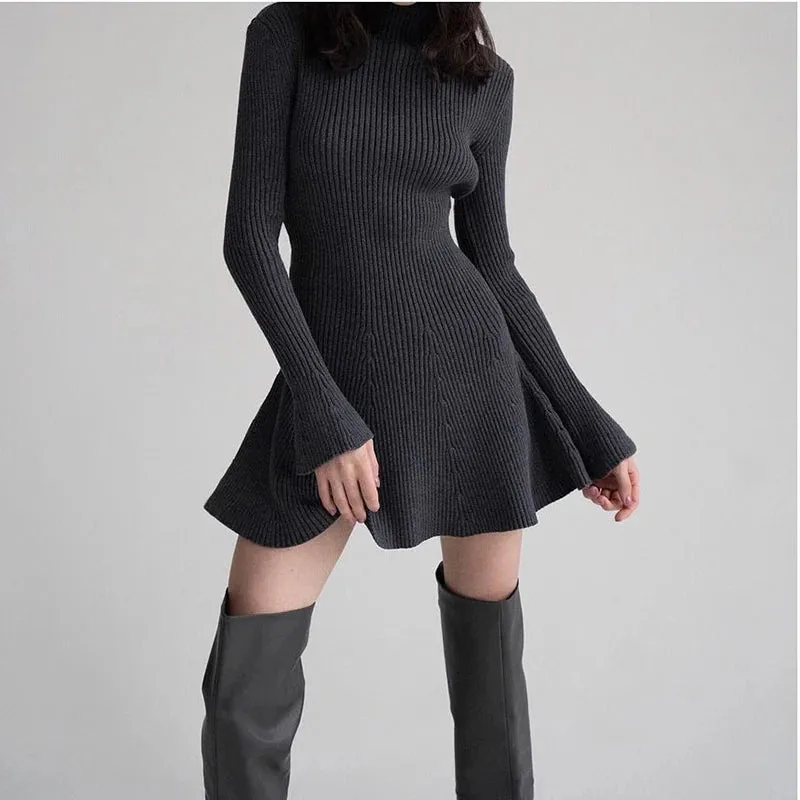 Toleet-Elegant Vintage French Knit Dress Long Sleeve Ruffle Turtleneck Mini Dress Women Autumn Vestidos Fashion Off Lady Streetwear