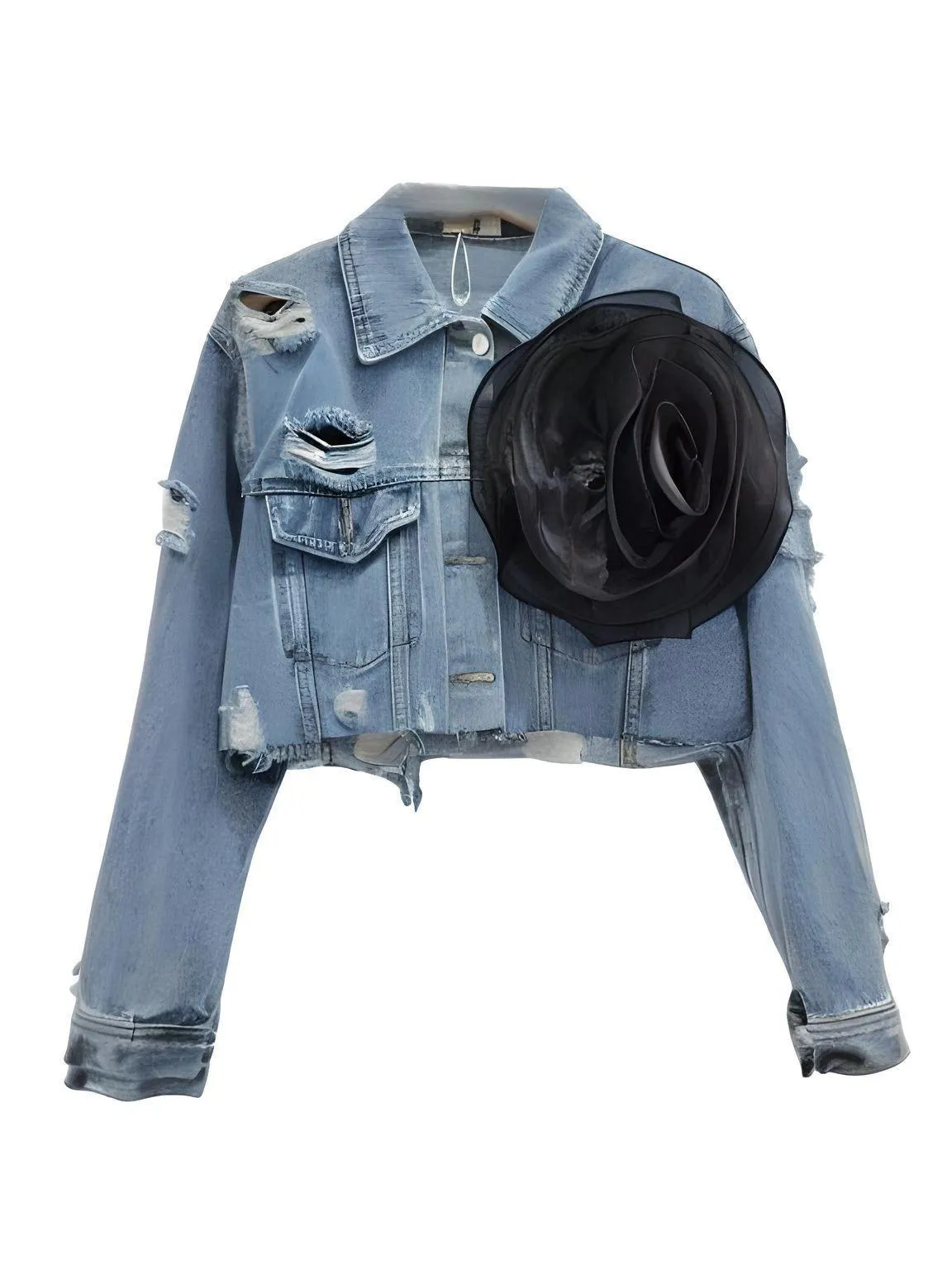 Trendy Fashion Women's Spliced 3D Flower Denim Coat Lapel Long Sleeve Button Jacket Female