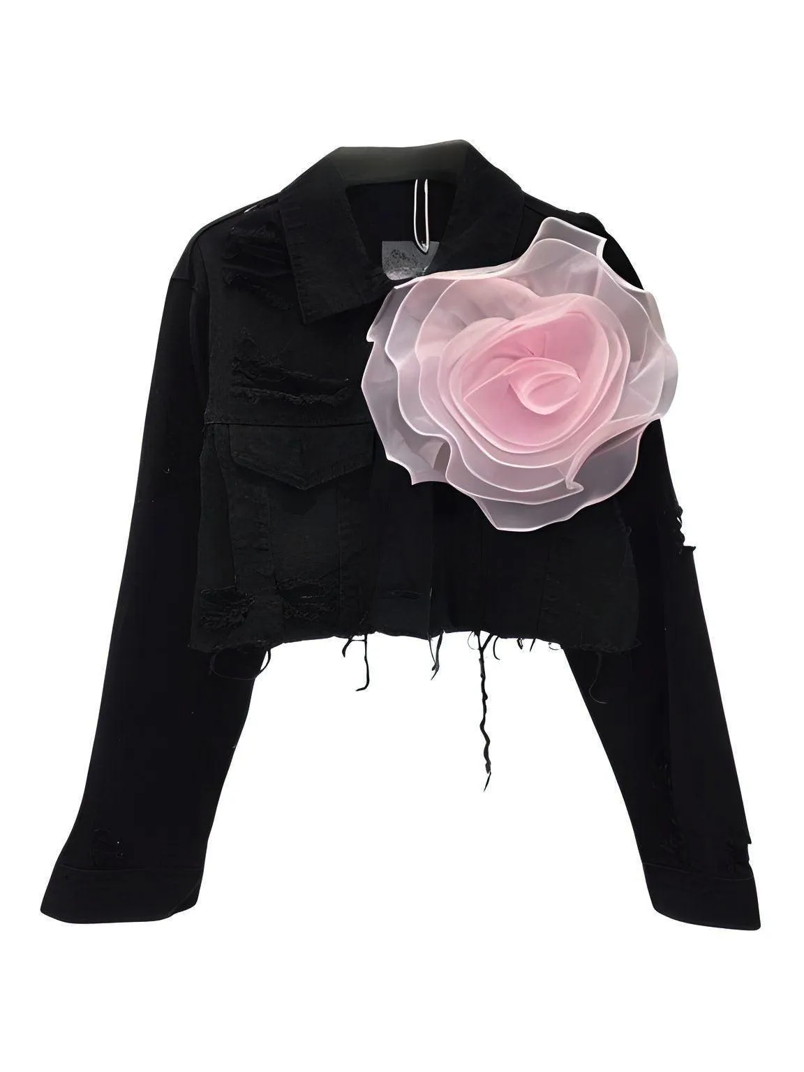 Trendy Fashion Women's Spliced 3D Flower Denim Coat Lapel Long Sleeve Button Jacket Female