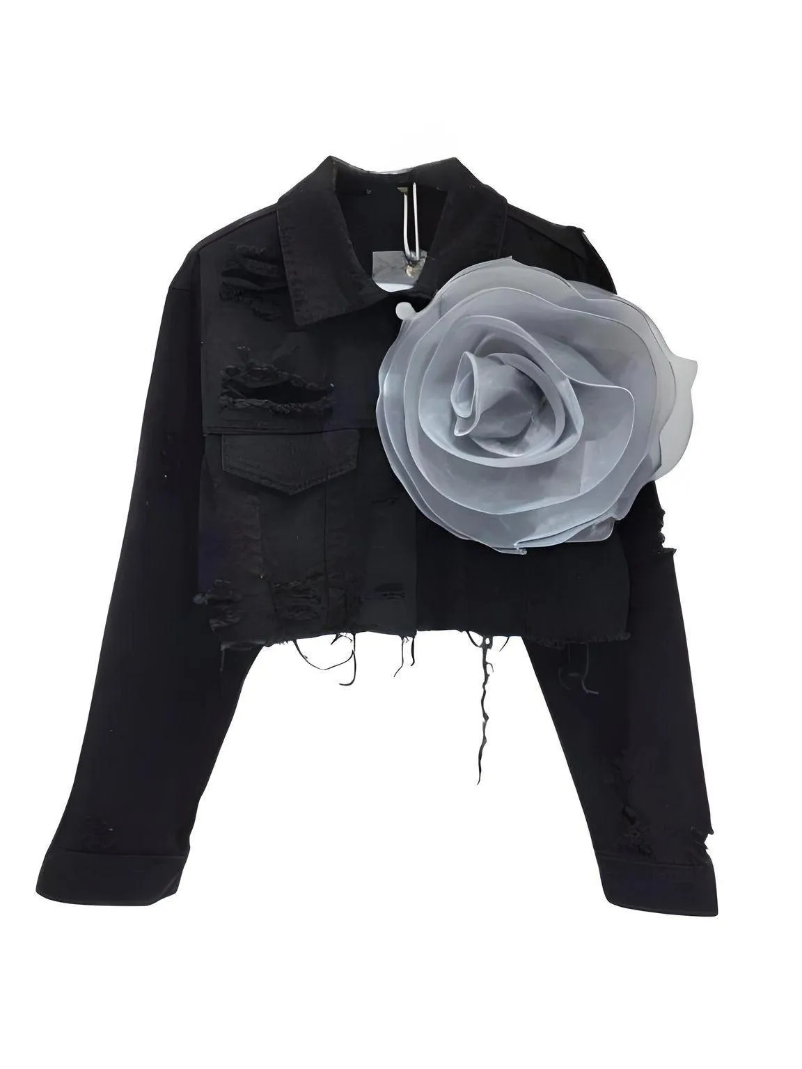 Trendy Fashion Women's Spliced 3D Flower Denim Coat Lapel Long Sleeve Button Jacket Female