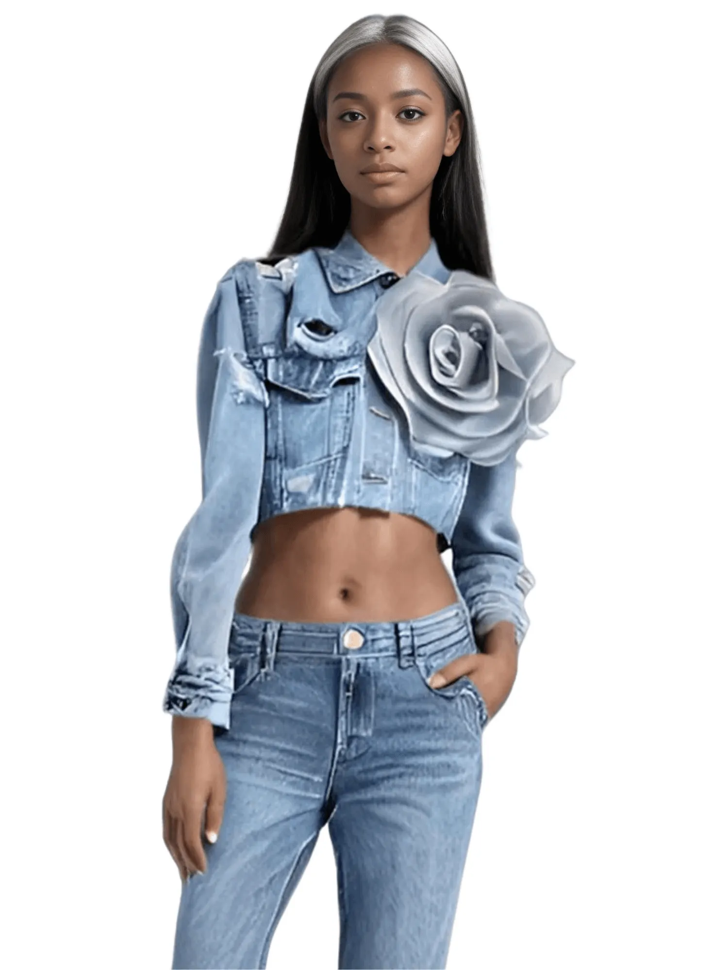 Trendy Fashion Women's Spliced 3D Flower Denim Coat Lapel Long Sleeve Button Jacket Female