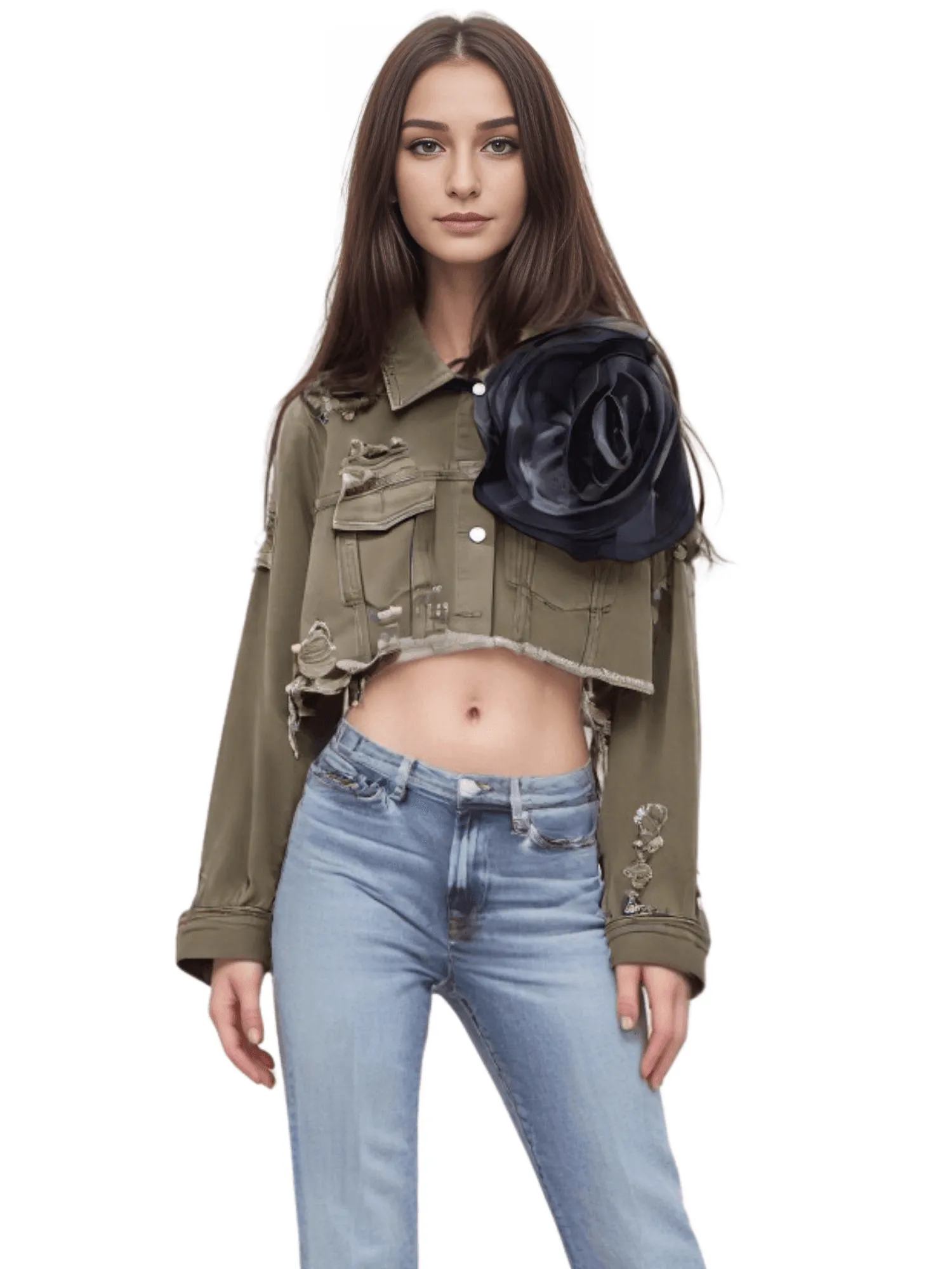 Trendy Fashion Women's Spliced 3D Flower Denim Coat Lapel Long Sleeve Button Jacket Female