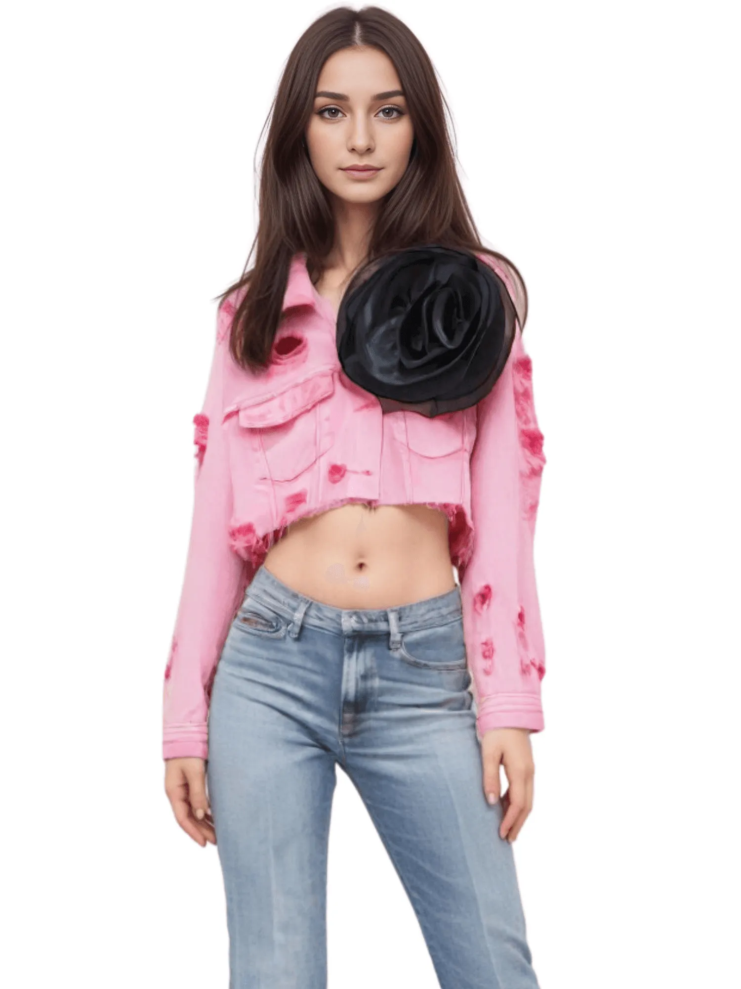 Trendy Fashion Women's Spliced 3D Flower Denim Coat Lapel Long Sleeve Button Jacket Female