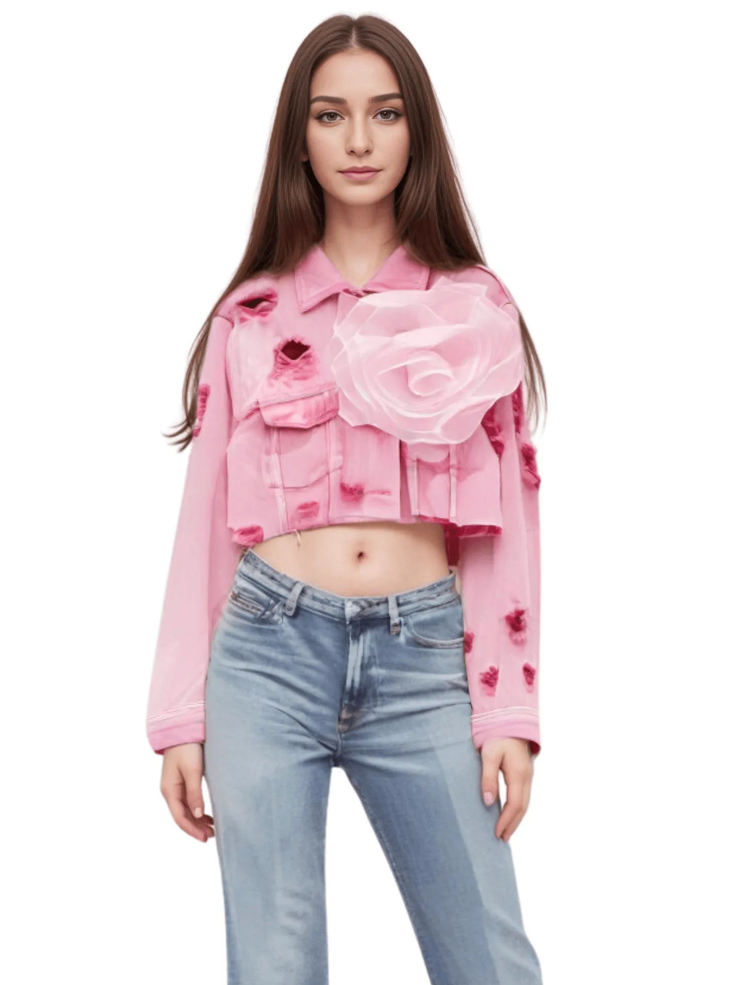 Trendy Fashion Women's Spliced 3D Flower Denim Coat Lapel Long Sleeve Button Jacket Female