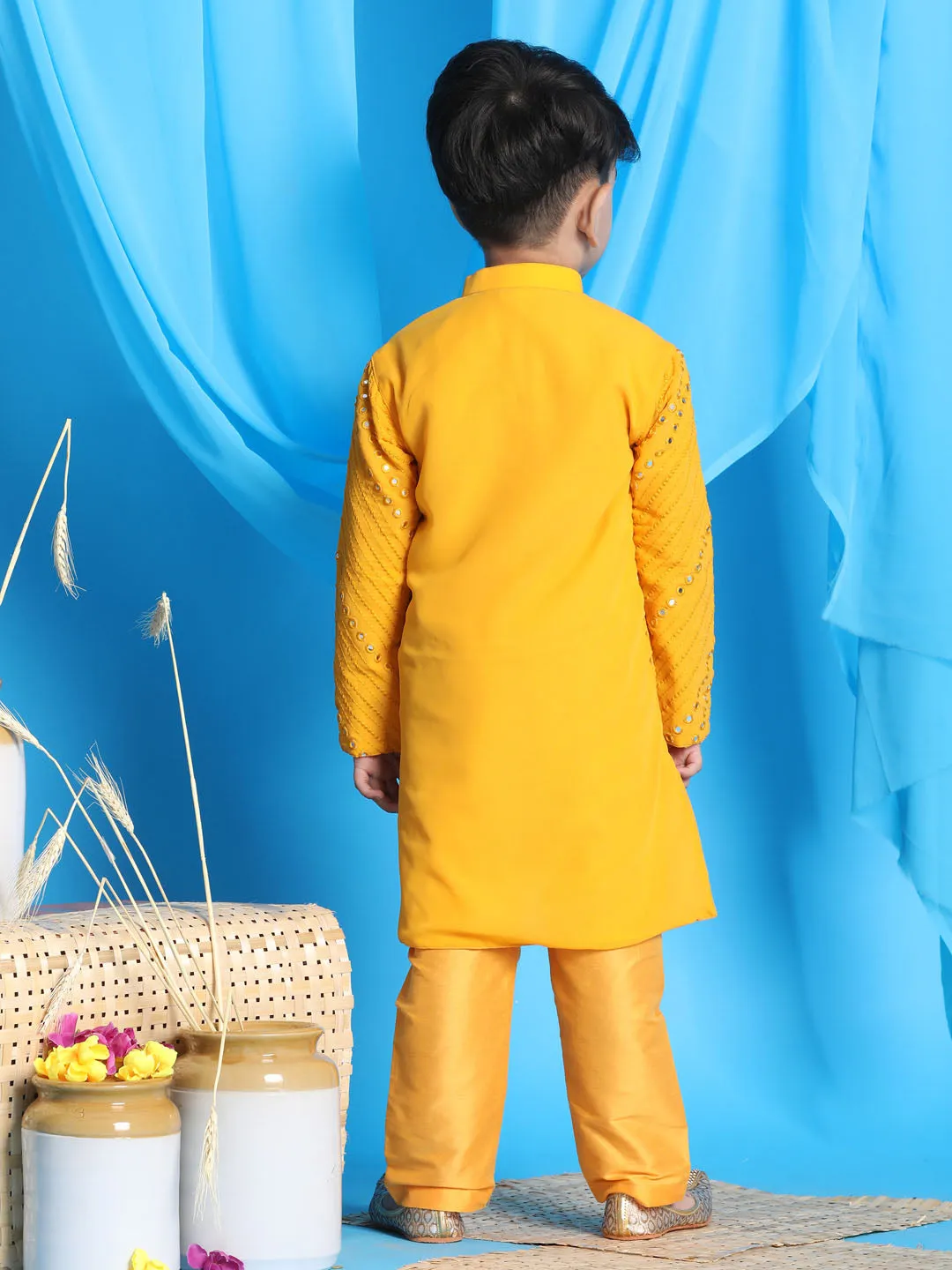 VASTRAMAY Baap Beta Yellow Mirror Kurta Pyjama Set