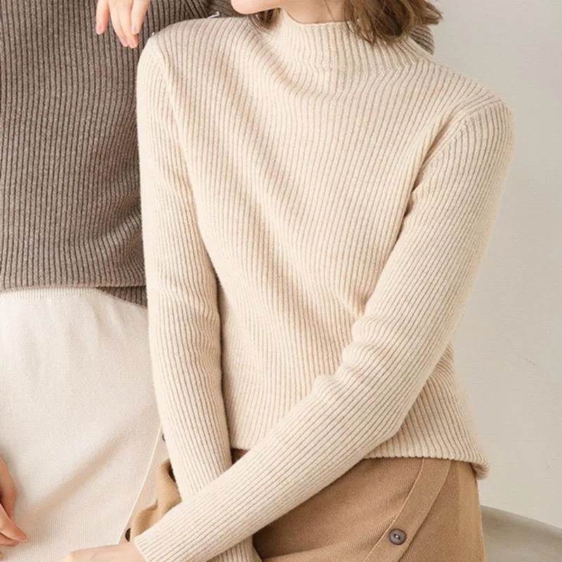 Wenkouban sweater outfits Autumn and Winter Half Turtleneck Striped Sweater Women's Solid Color Long Sleeve Bottoming Shirt Korean Style Slim Slimming Pullover Sweater