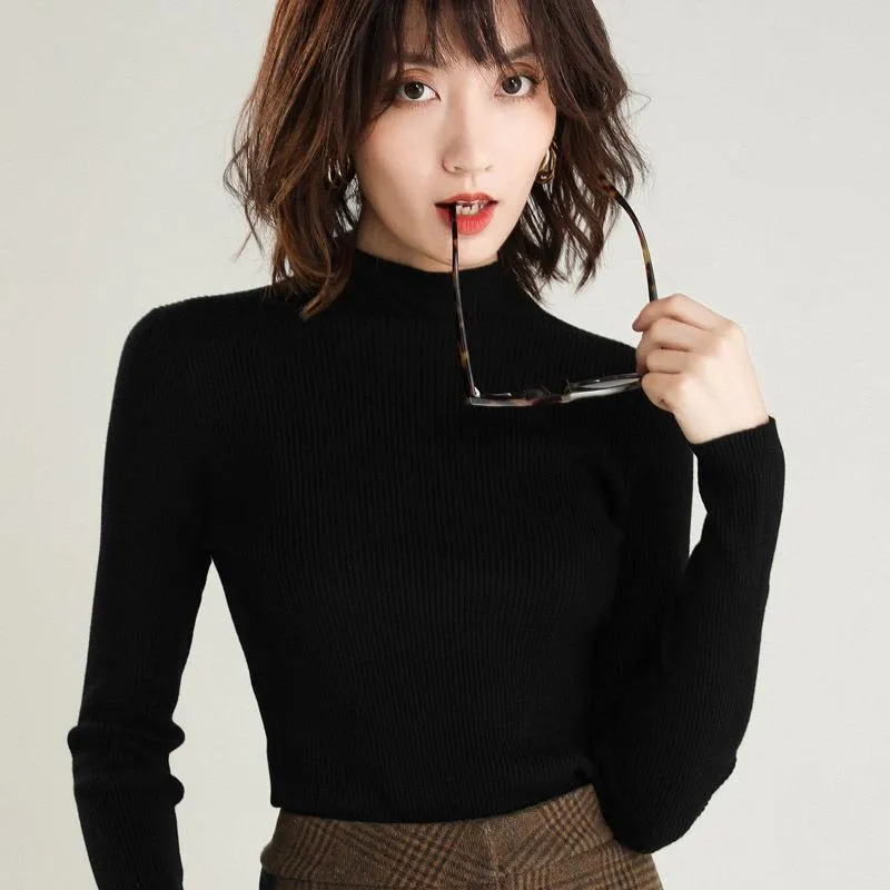 Wenkouban sweater outfits Autumn and Winter Half Turtleneck Striped Sweater Women's Solid Color Long Sleeve Bottoming Shirt Korean Style Slim Slimming Pullover Sweater