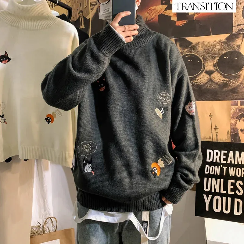 Wiaofellas  -   Men's Winter Clothes Cartoon Embroidered Loose Thick Turtleneck Sweater Base Knit Sweater Pullover