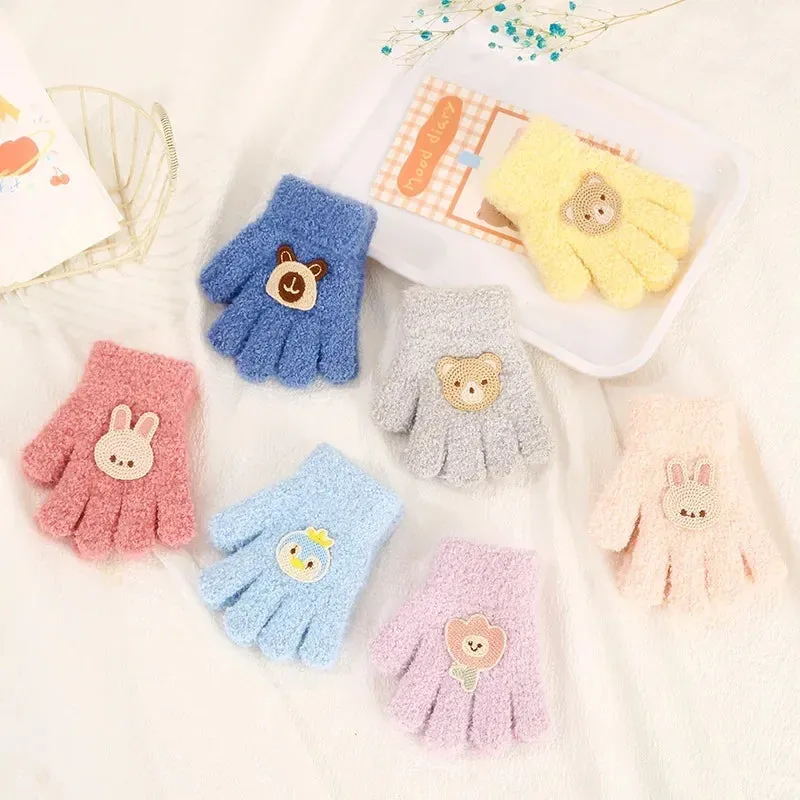 Winter Knitted Gloves Cartoon Warm Mittens Toddlers Outdoor Cartoon Pattern Cute Gloves for Child Kids Baby Girls Boys 1-3Y/O