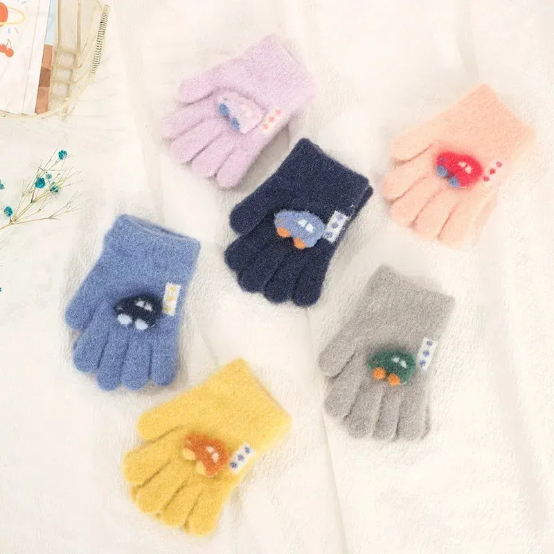 Winter Knitted Gloves Cartoon Warm Mittens Toddlers Outdoor Cartoon Pattern Cute Gloves for Child Kids Baby Girls Boys 1-3Y/O