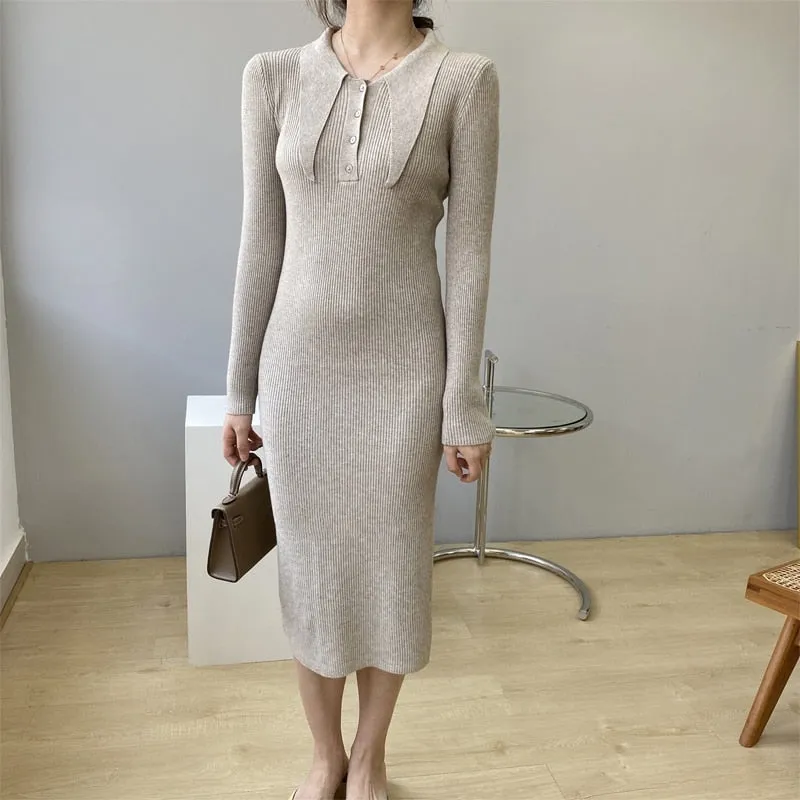 Wjczt Spring and autumn women's casual solid color bow embellished knitted slim dress