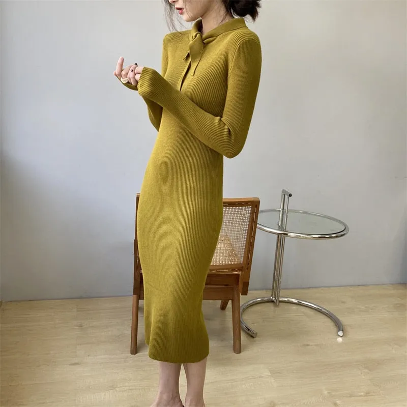 Wjczt Spring and autumn women's casual solid color bow embellished knitted slim dress