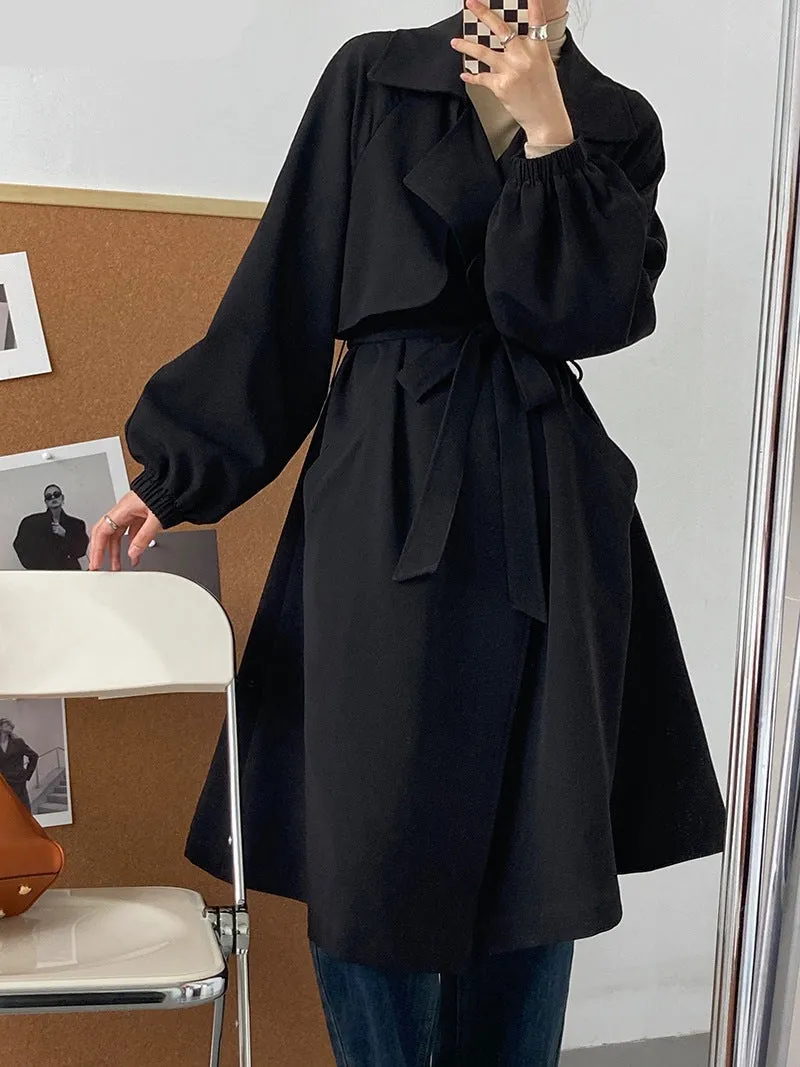 Wjczt Stylish Chic Lapel Women Long Trench Coats Elegant Lantern Sleeve Lace-up Female Windbreaker Autumn Winter Ladies Coats