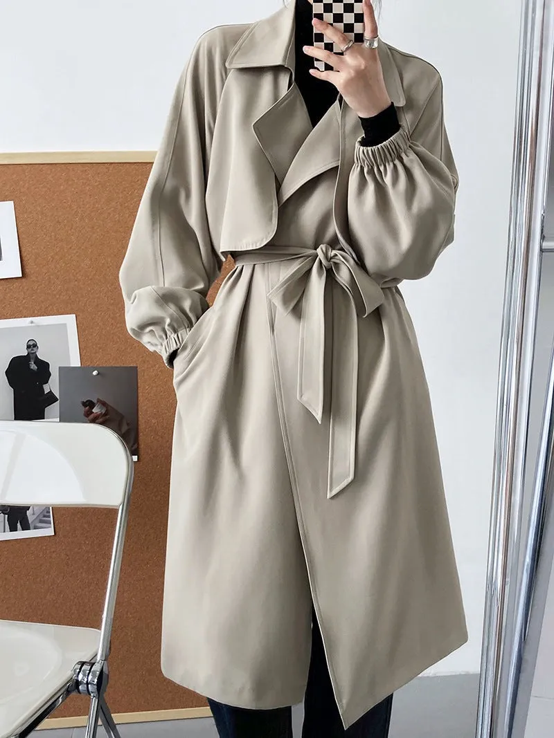 Wjczt Stylish Chic Lapel Women Long Trench Coats Elegant Lantern Sleeve Lace-up Female Windbreaker Autumn Winter Ladies Coats