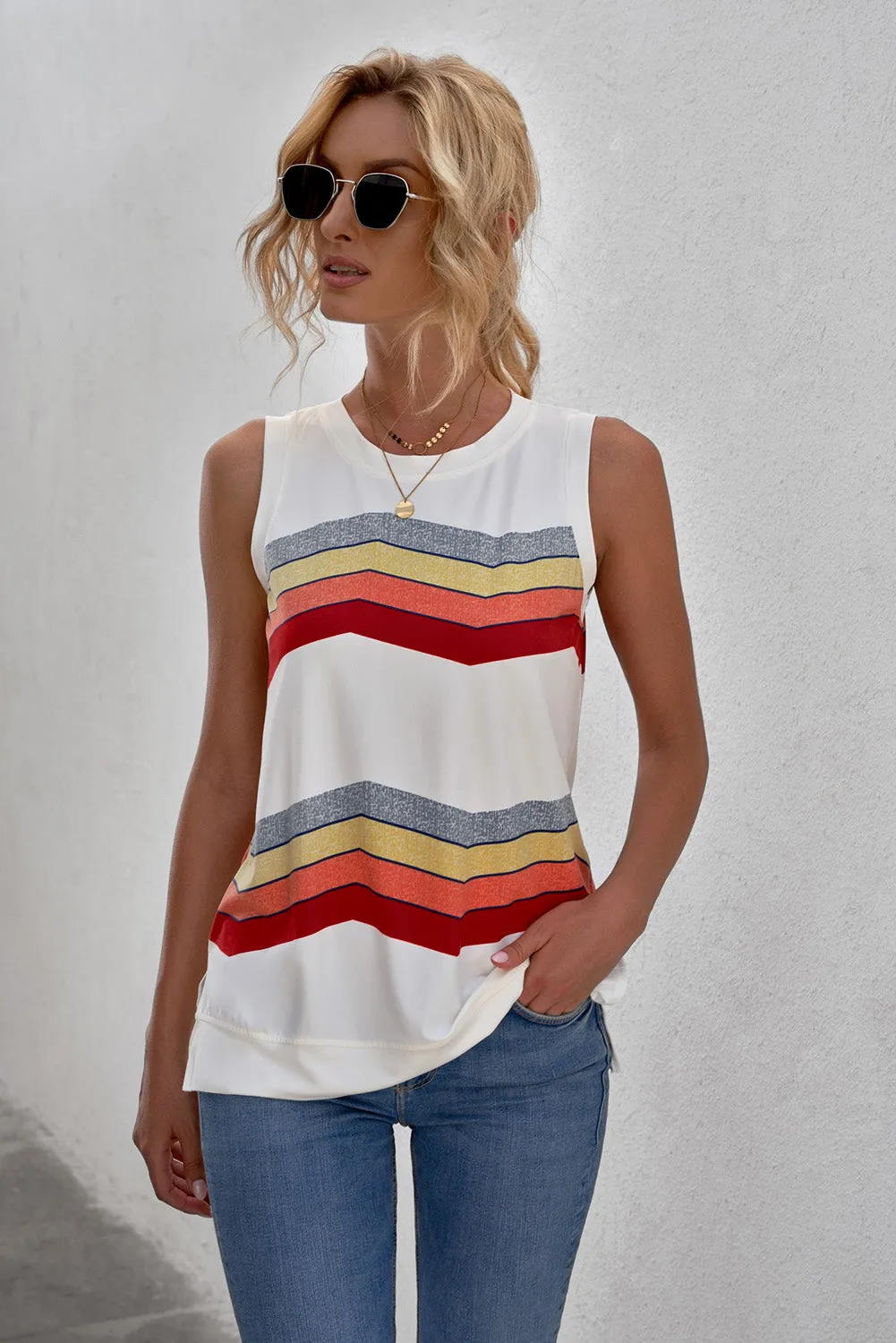 Women Crew Neck Tank Tops Summer Colorblock Sleeveless Stripes Shirts