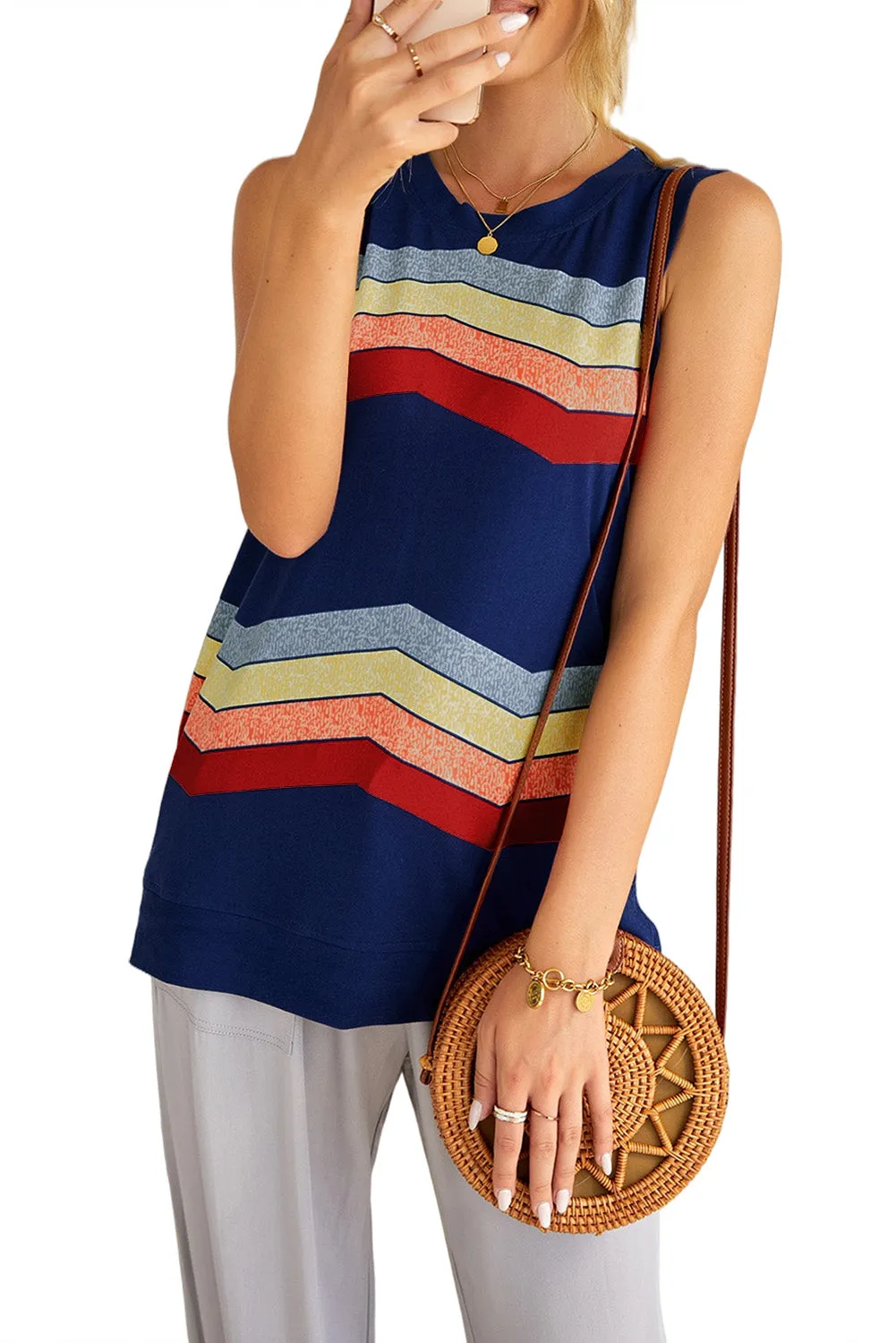 Women Crew Neck Tank Tops Summer Colorblock Sleeveless Stripes Shirts