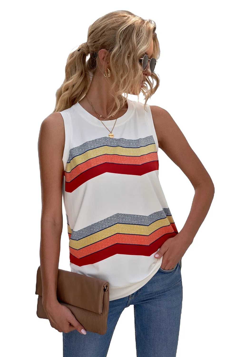 Women Crew Neck Tank Tops Summer Colorblock Sleeveless Stripes Shirts