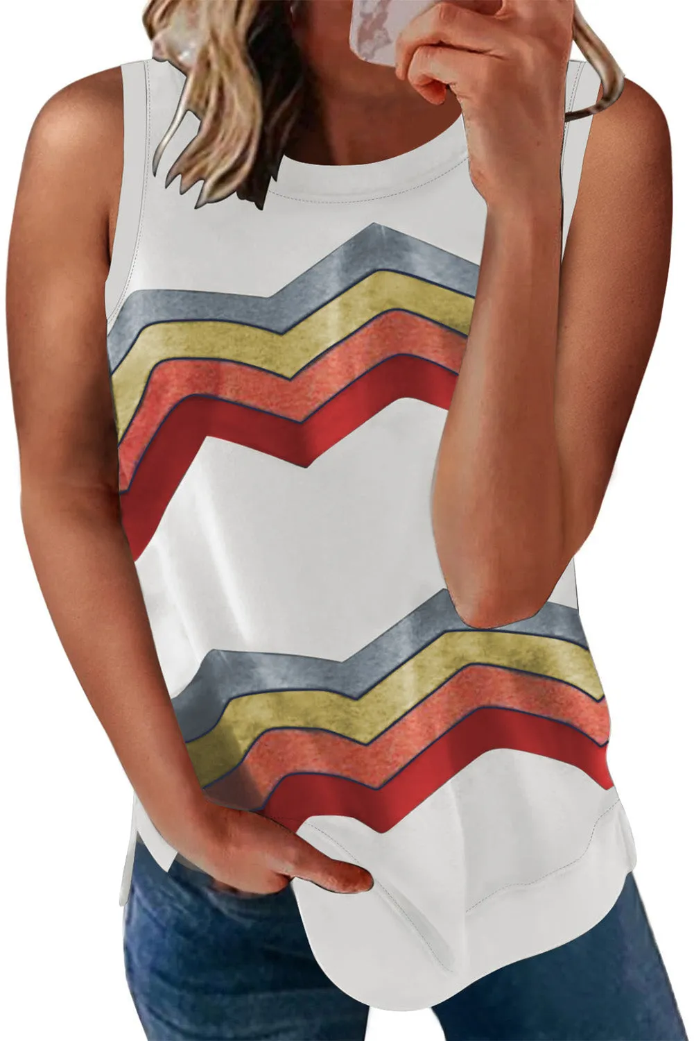 Women Crew Neck Tank Tops Summer Colorblock Sleeveless Stripes Shirts