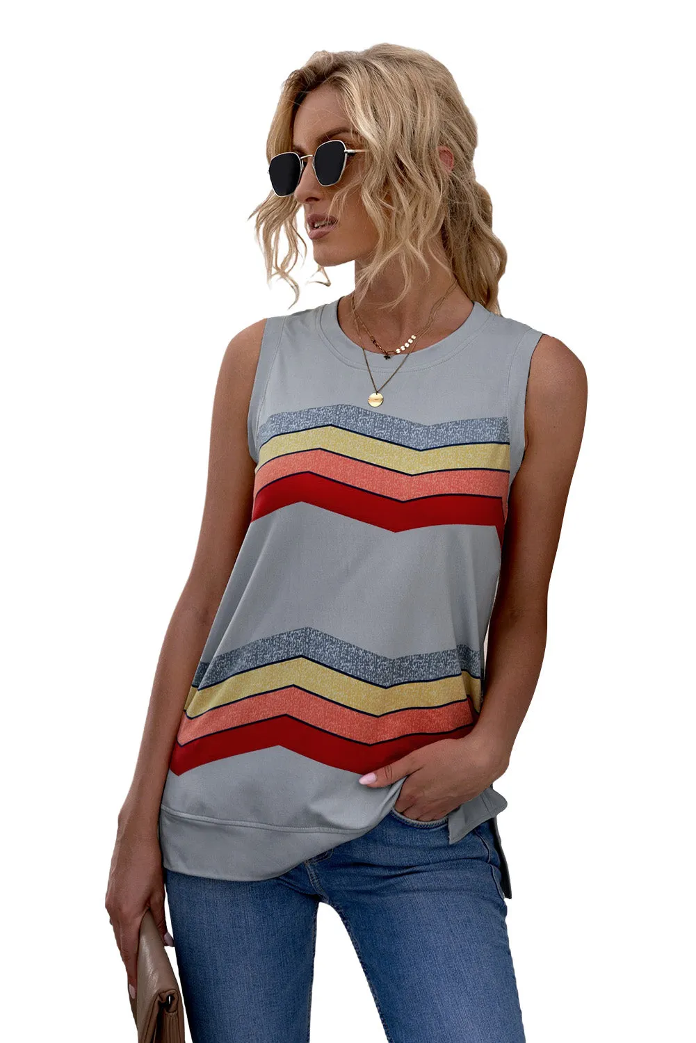 Women Crew Neck Tank Tops Summer Colorblock Sleeveless Stripes Shirts