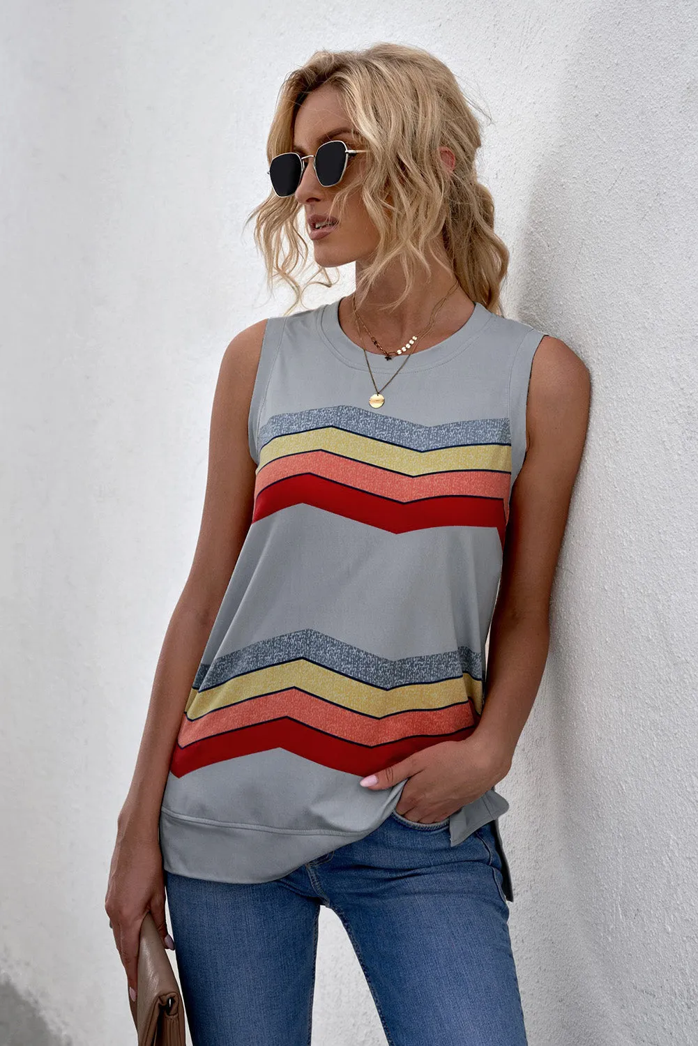 Women Crew Neck Tank Tops Summer Colorblock Sleeveless Stripes Shirts