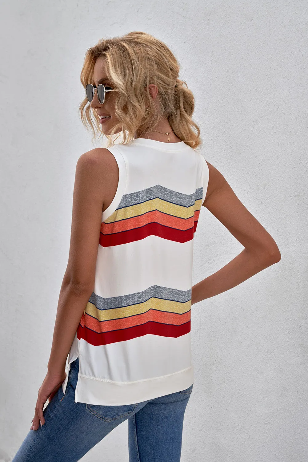 Women Crew Neck Tank Tops Summer Colorblock Sleeveless Stripes Shirts